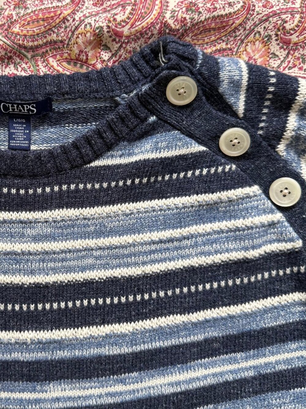 Chaps 100% Cotton Blue and White Striped Sweater With Button Detail